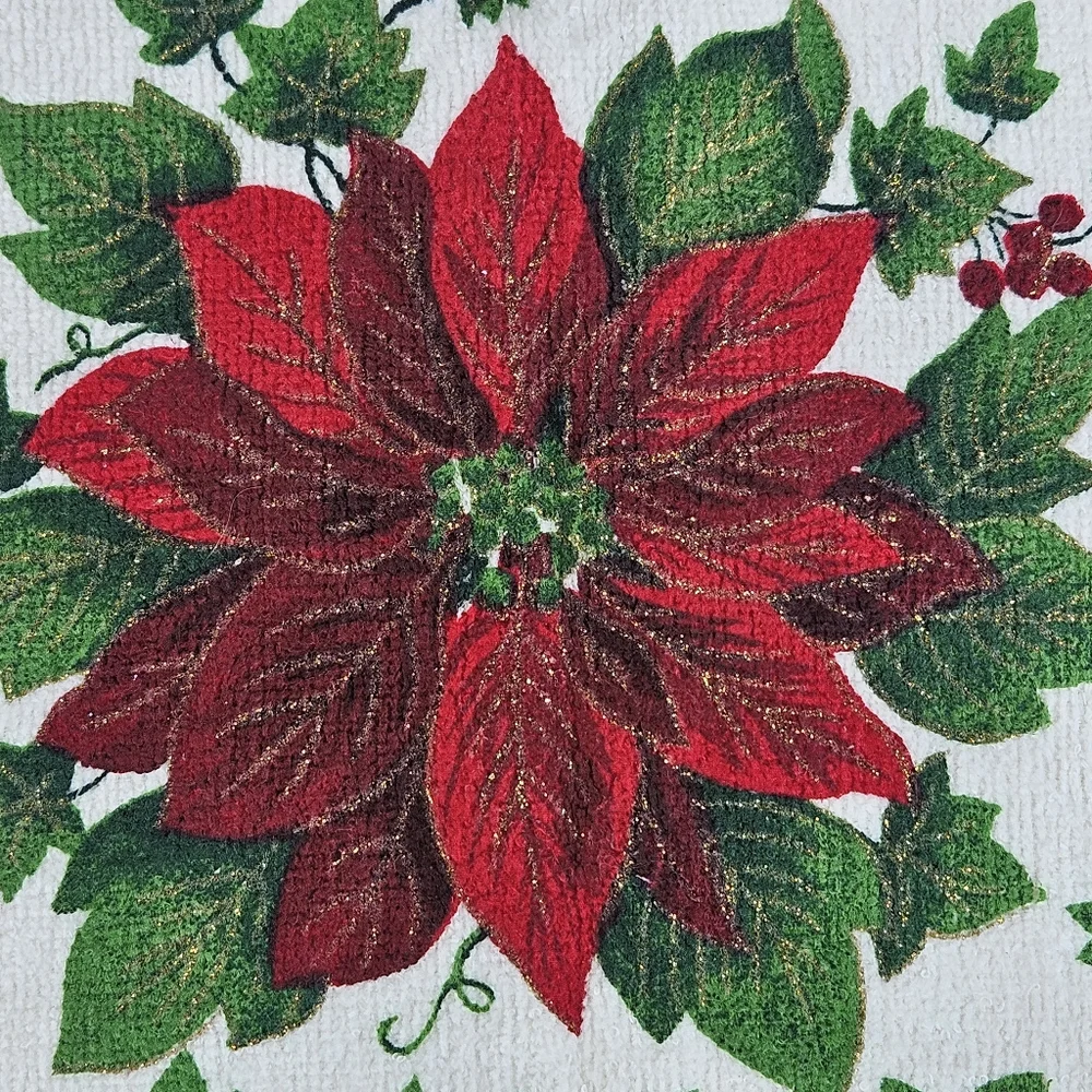 Vintage Royal Terry Dish Kitchen Towel White Poinsette Christmas Red Cotton